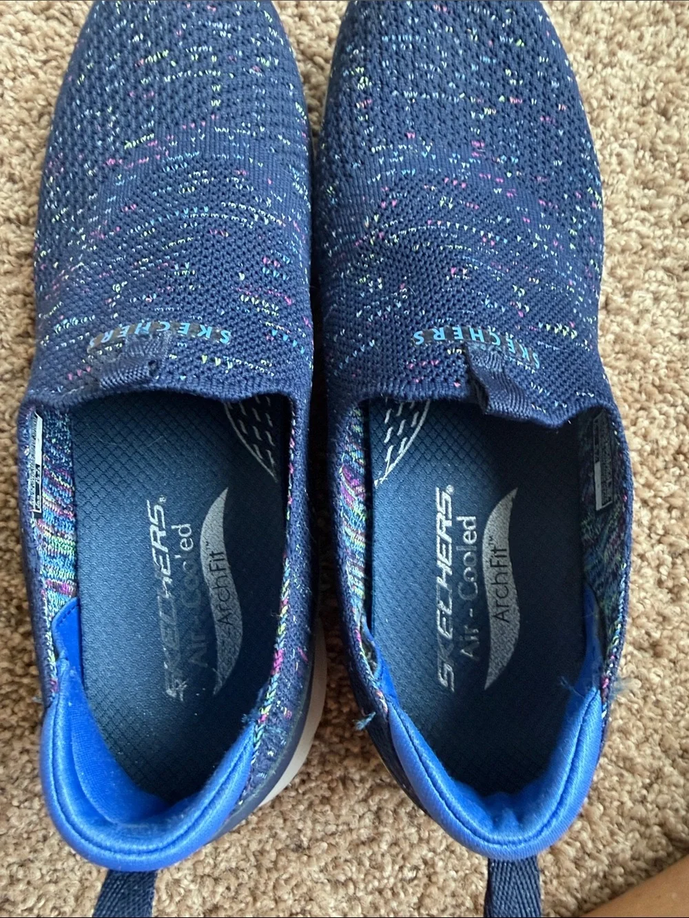 Skechers Navy Slip-On Knit Sneakers with Multicolor Speckle Size 8.5